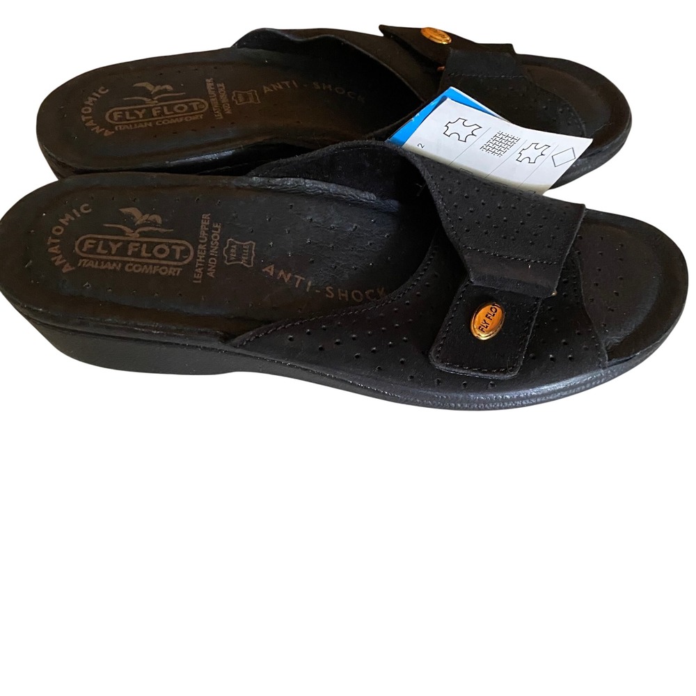 Fly Flot Black Leather Anatomic Anti-Shock Comfort Slide Sandals Italy Women 39